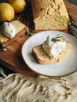 Lemon Rosemary Pound Cake with Driftwood Bitters Whipped Cream